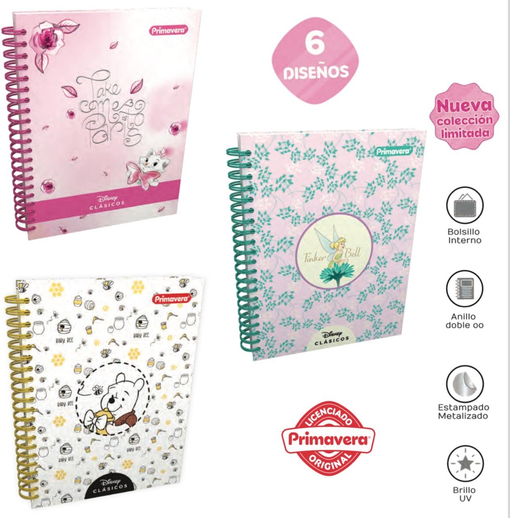 Cuaderno primavera 5materias argollado grande disney clasicos