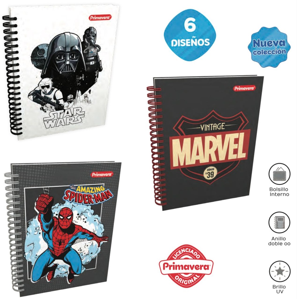 Cuaderno primavera 5materias argollado grande marvel-stars