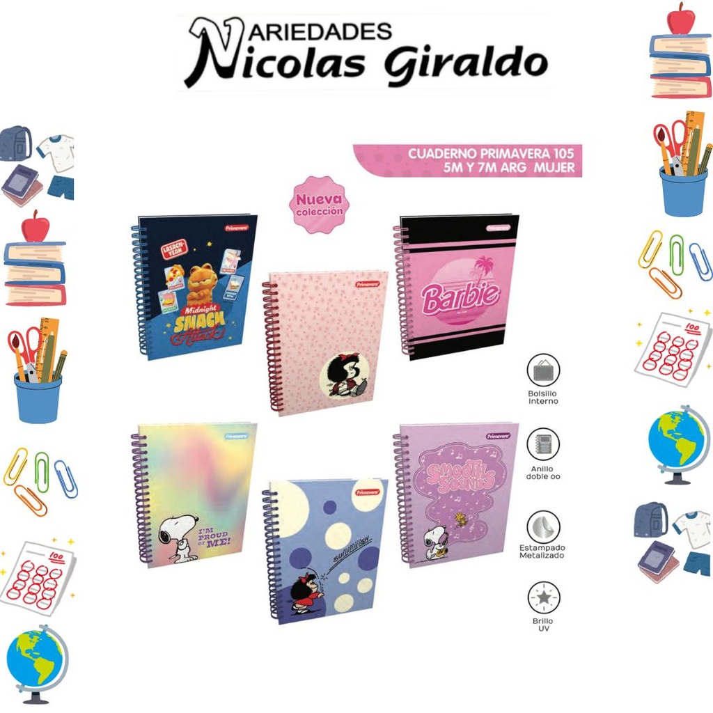 Cuaderno primavera 5 materias argollado grande dama