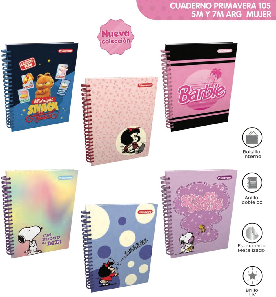 Cuaderno primavera 5materias argollado grande dama