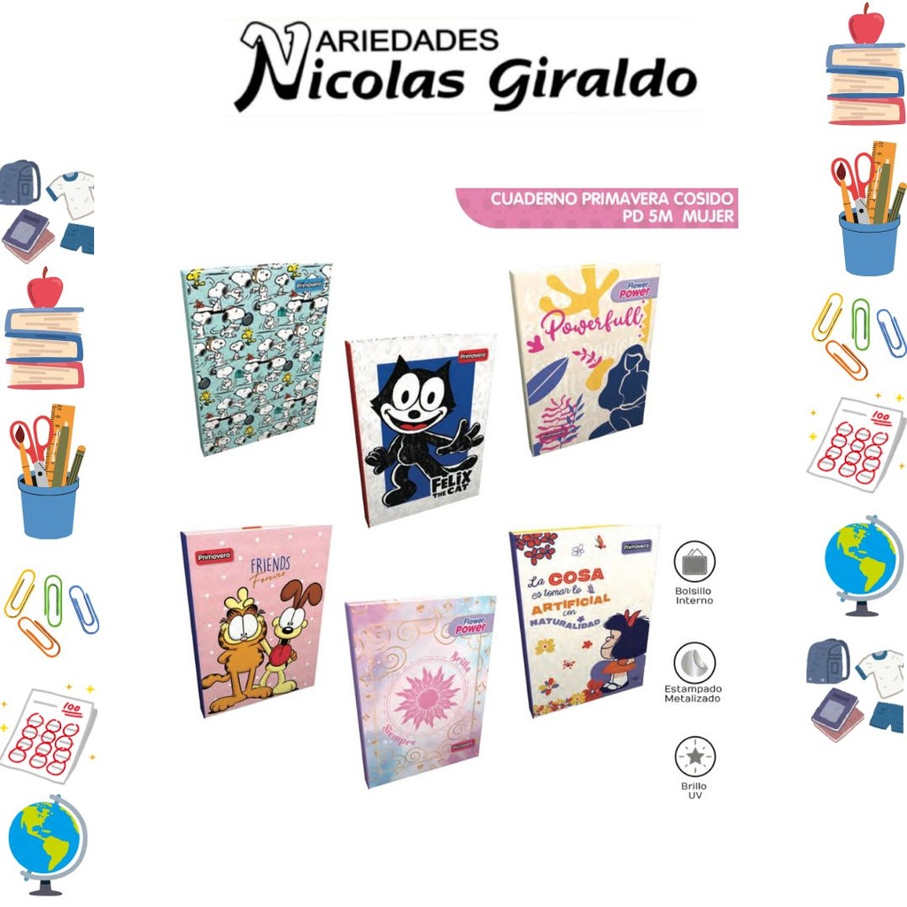 Cuaderno primavera cosido 5 materias dama