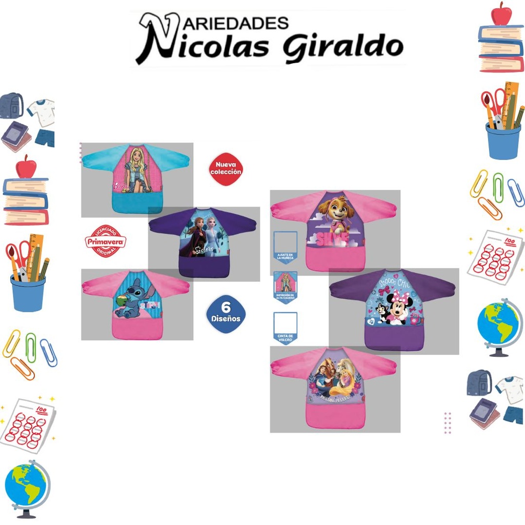 Delantal primavera personajes con manga niña