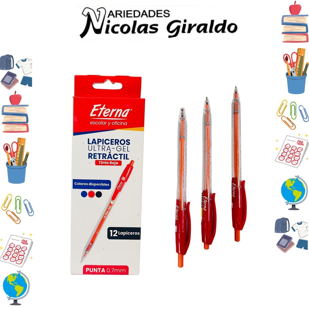 Lapicero eterna retractil 0.7 ultra gel rojo x12