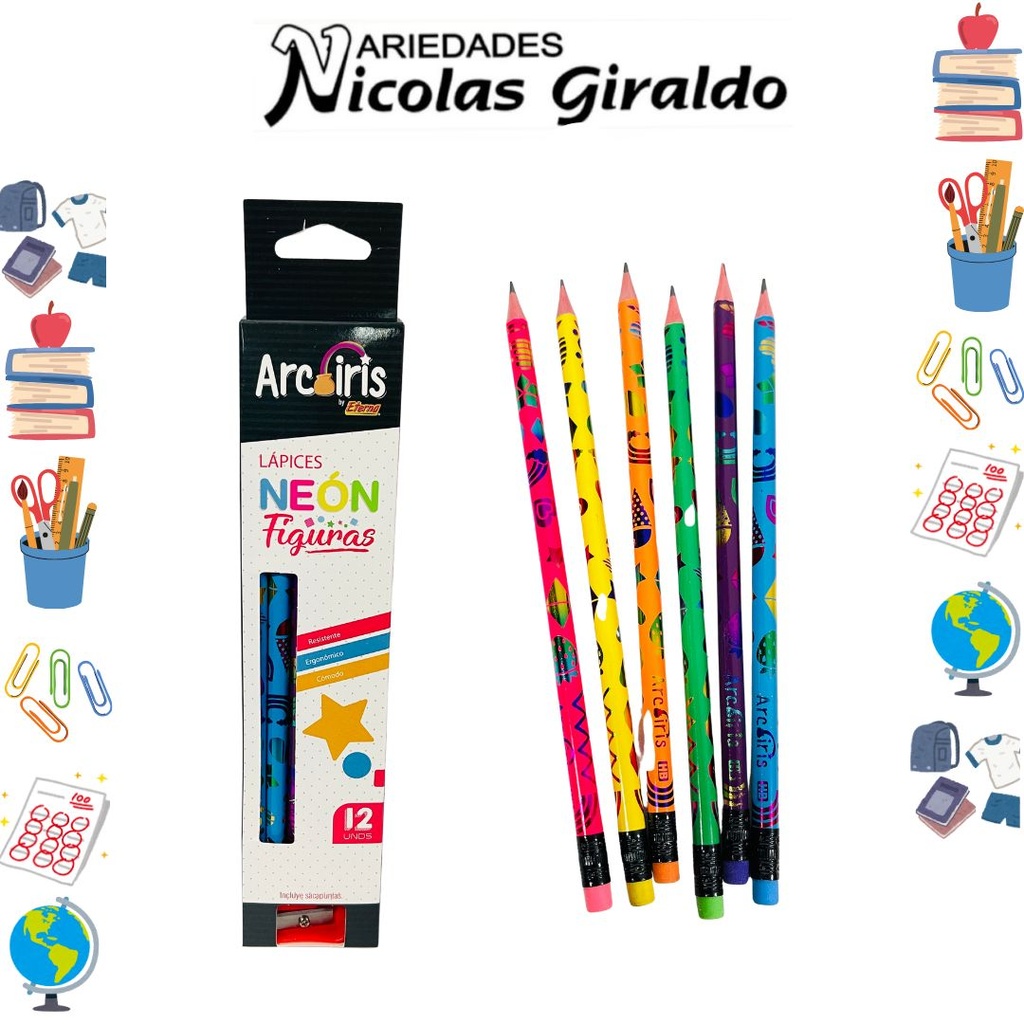 [ETA008] Lapiz eterna arcoiris neon figuras x12