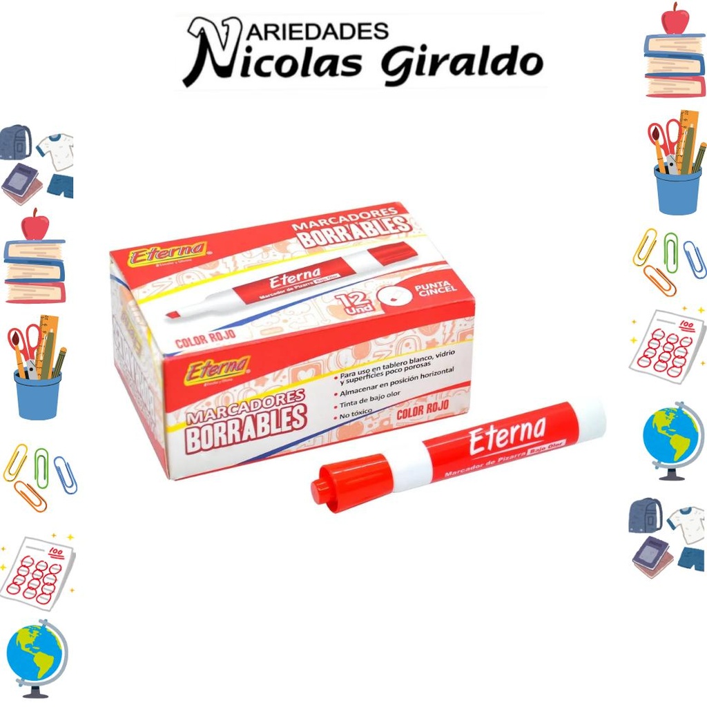 Marcador borrable rojo caja x12 eterna (UND 1.000)