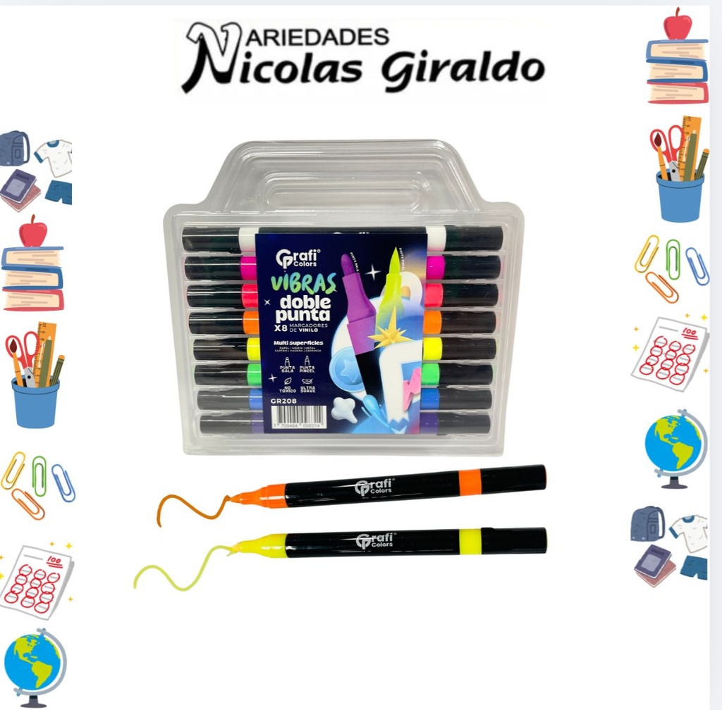 Marcador vinilo doble punta neon x8 graficolors