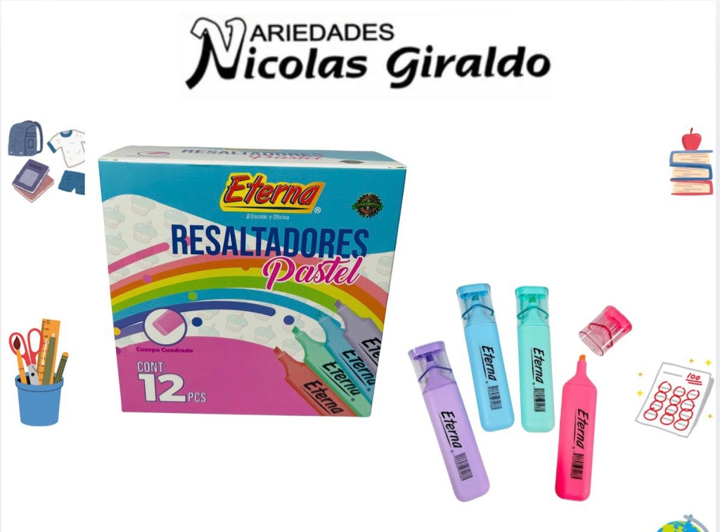 [ET545] Resaltador eterna colores pastel caja x12