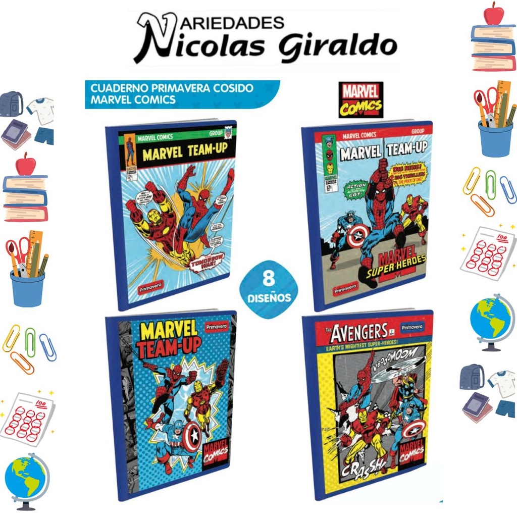 Cuaderno cosido prim. 100 H cuadros marvel