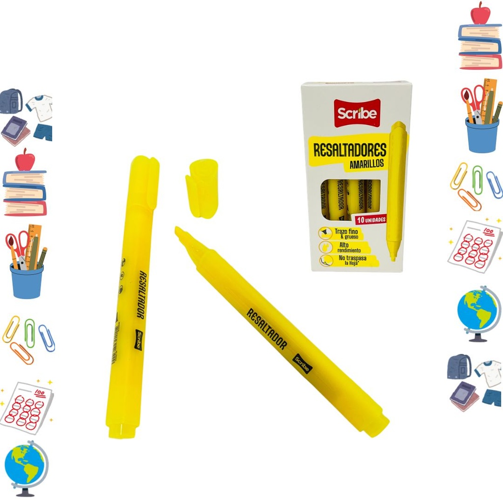 Resaltador scribe amarillo x10 piezas  