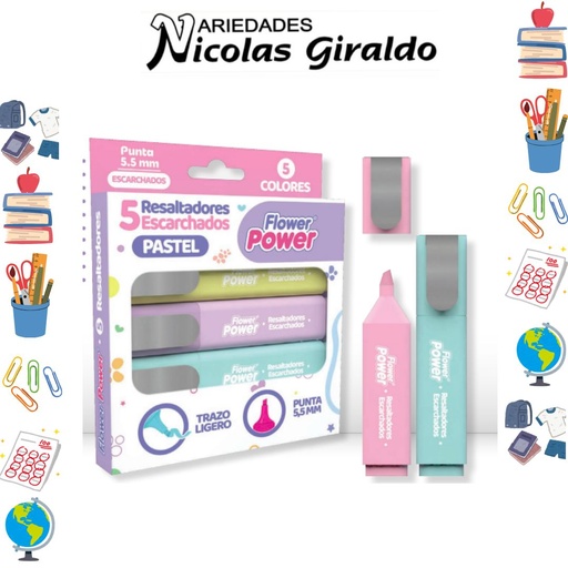 [P3698] Resaltador flower power escarchado pastel x5 
