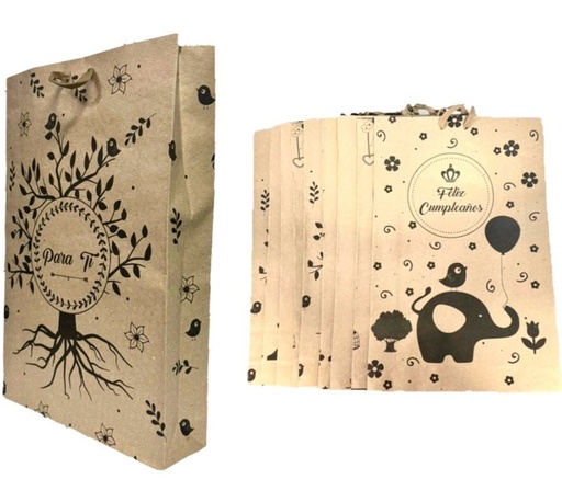 [104060] @Bolsa regalo kraft estampada sencilla grande pqt x12