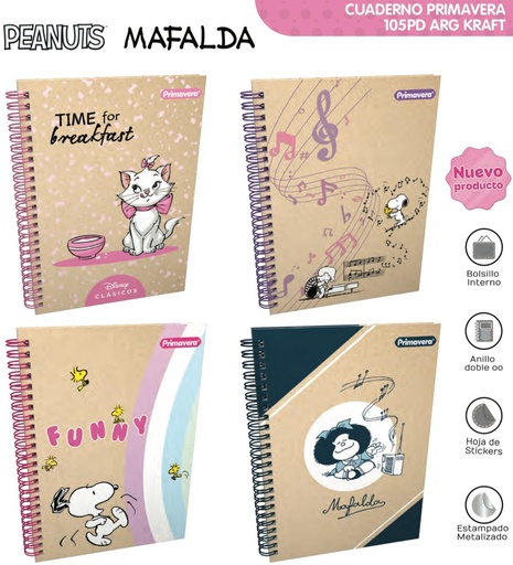 [P4077-005] Cuaderno primavera argollado academico cuadro mujer kraft