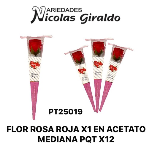 [PT25019] Flor rosa roja x1 en acetato mediana pqt x12 