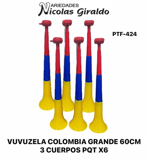 [PTF-424] Vuvuzela colombia grande 60cm 3 cuerpos PQT X6