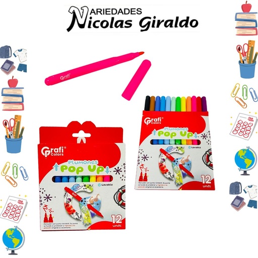[GR348] Marcador plumon pop up lavable x12 graficolors