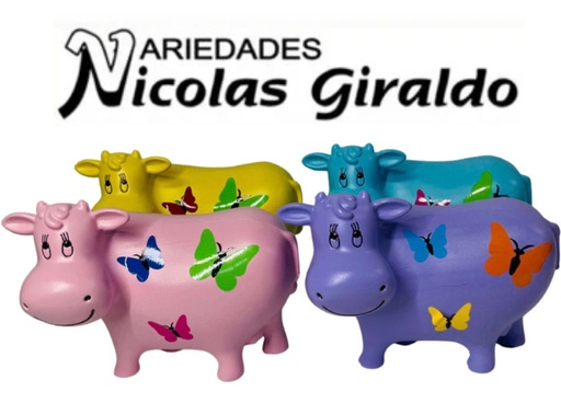 [DPQ-204] Alcancia plastica vaca mediana parada color mariposa 