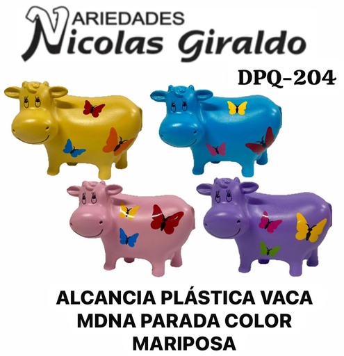 [DPQ-204] Alcancia plastica vaca mediana parada color mariposa 