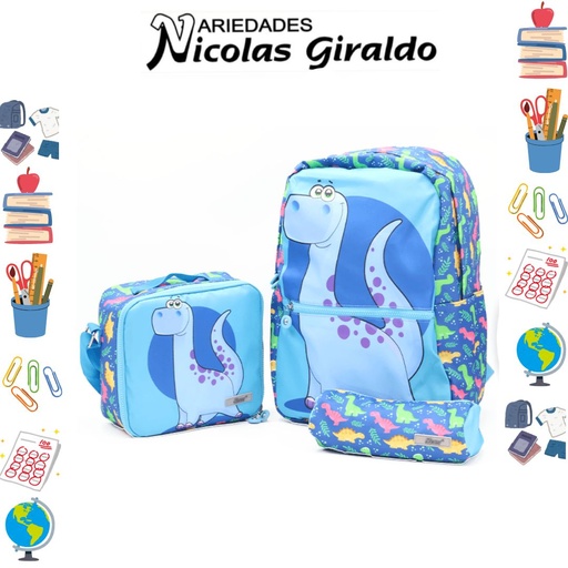 [ET1143] Set bolso lonchera y cartuchera estampado de dinosaurio   