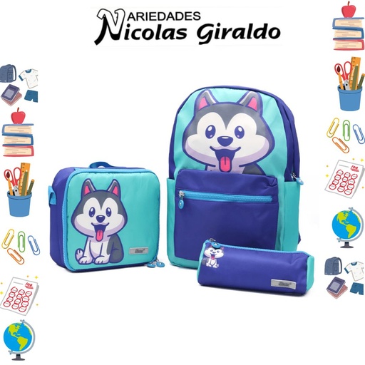 [ET1140] Set bolso lonchera y cartuchera estampado azul de lobo    