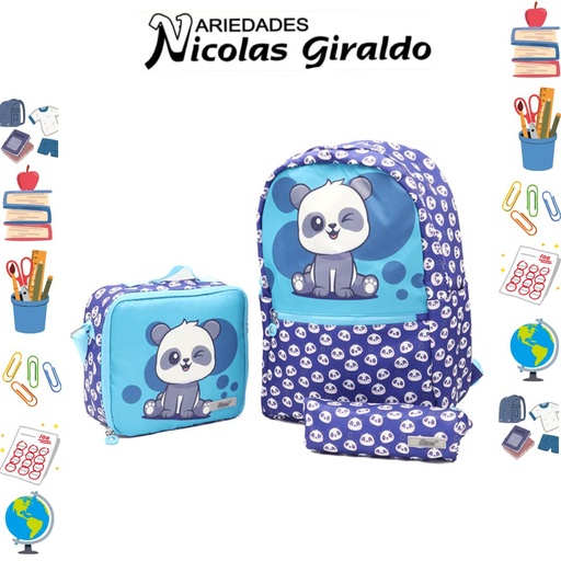 [ET1136] Set bolso lonchera y cartuchera estampado de oso panda  