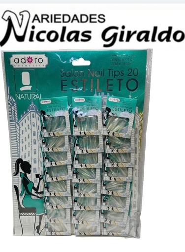 [15106] Uñas adoro ESTILETO transparente x24 Carton aguamarina 