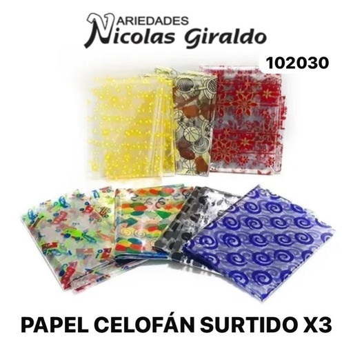 [102030] Papel celofan surtido x3 pqt x12