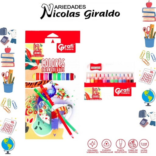 [GR226] Color unipunta punta triangular x12 piezas graficolors