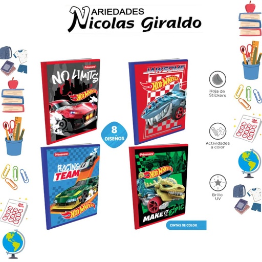 [P3157] Cuaderno cosido prim. 100 H Cuadros Hotwheels
