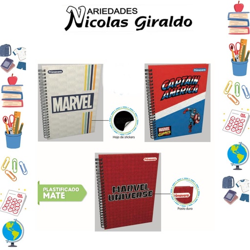 [P3872] Cuaderno primavera argollado academico marvel raya