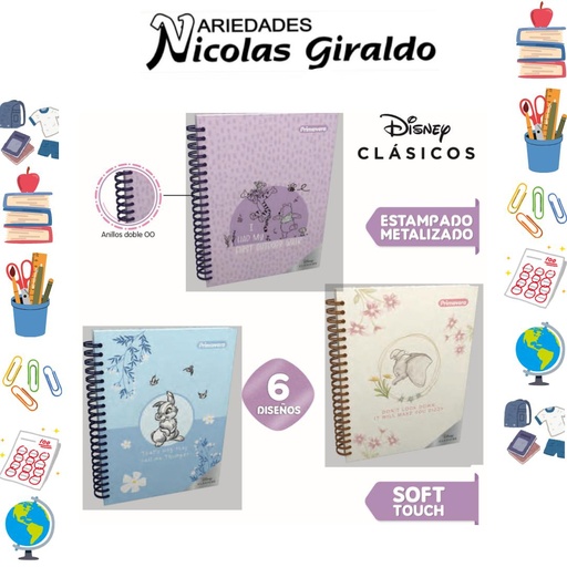 [P3858] Cuaderno primavera 5 materias argollado grande disney clasicos