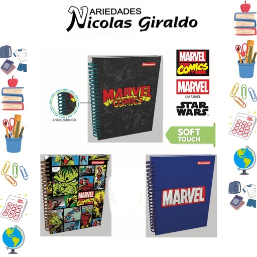 [P3878] Cuaderno primavera 5 materias argollado grande marvel-stars