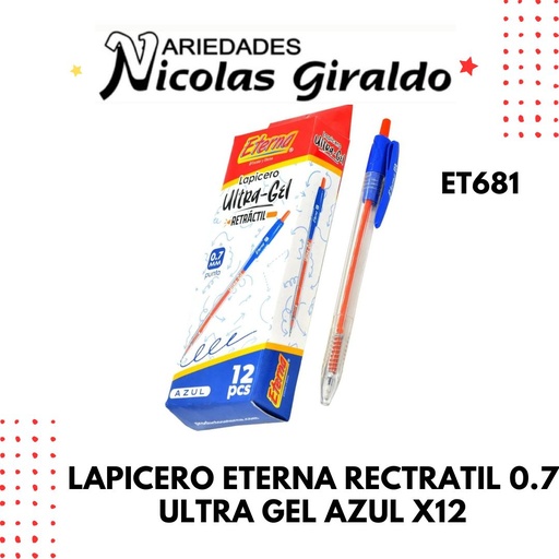 [ET681] Lapicero eterna rectratil 0.7 ultra gel azul x12