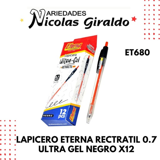 [ET680] Lapicero eterna rectratil 0.7 ultra gel negro x12