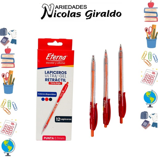 [ET682] Lapicero eterna retractil 0.7 ultra gel rojo x12