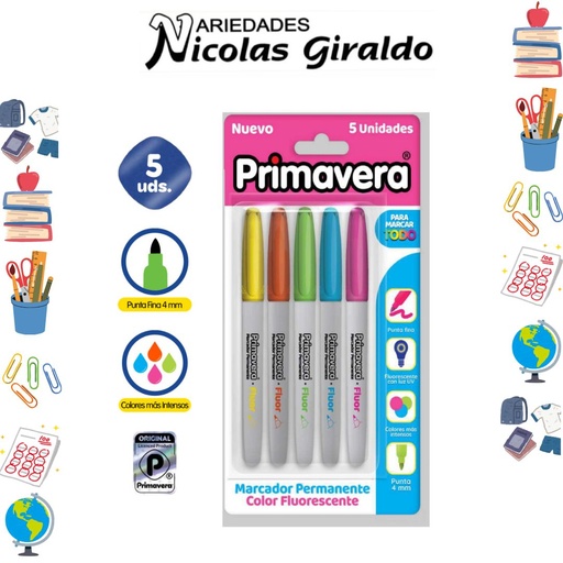 [P10940] Marcador punta delgada neon x5 primavera